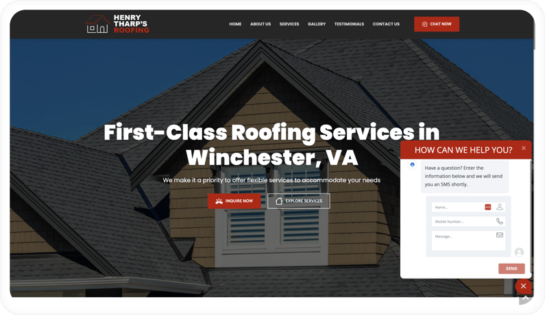 Chatbot en la pagina principal de Henry Tharps Roofing.